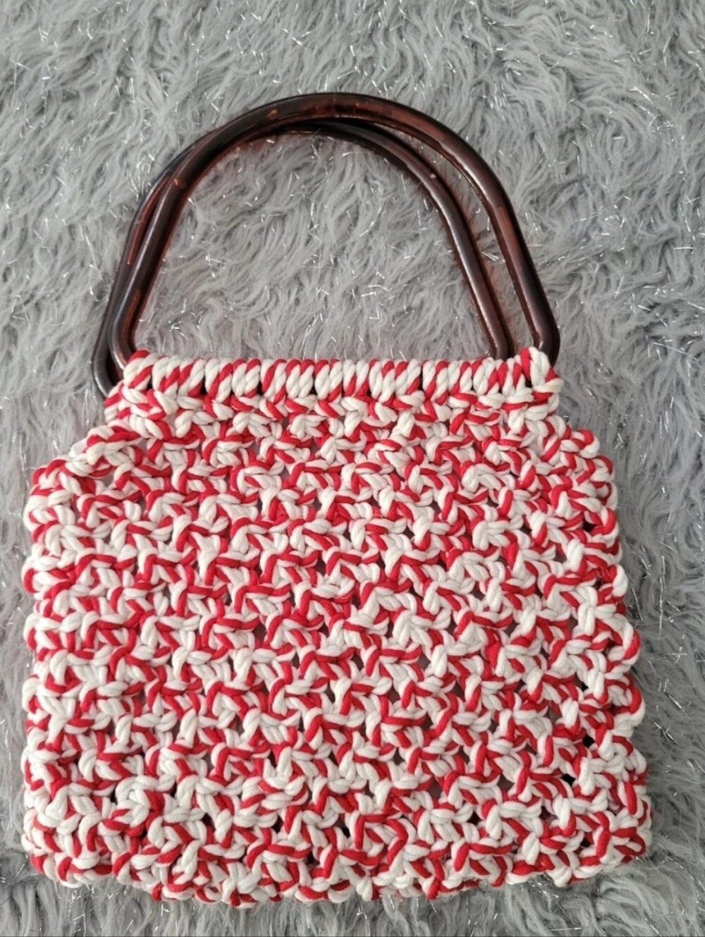 Vintage Handmade Crochet Handbag Red White Brown Lucite Handles Purse Tote Boho